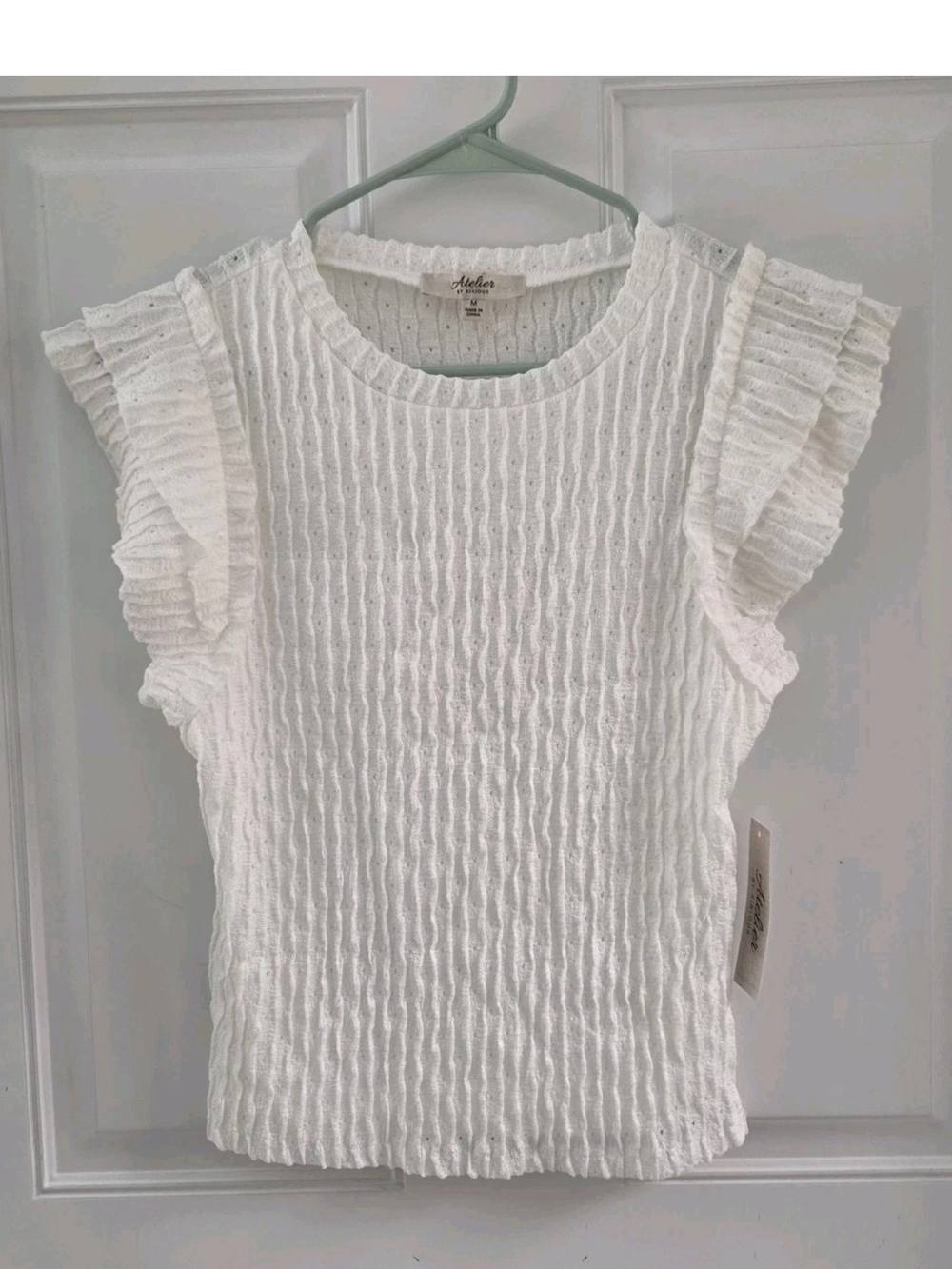 Atelier By Kirious White Ruffle Sleeve Stretch Shirt Top Womens Size M New NWT